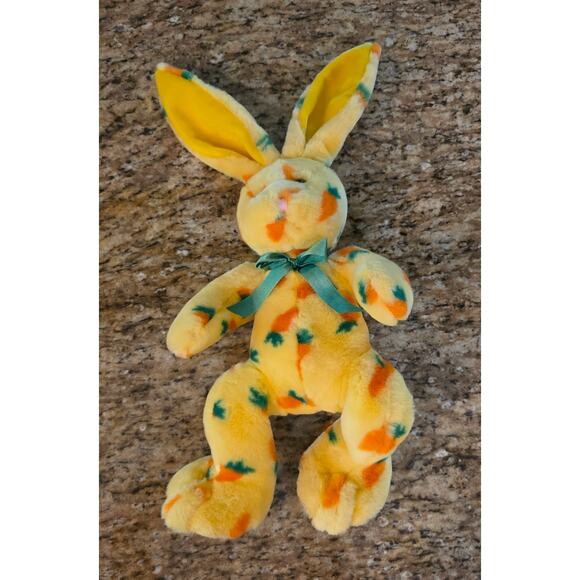 Petting Zoo Yellow Carrot Print Plush‎ Bunny Rabbit Bow 1994 - Picture 2 of 4